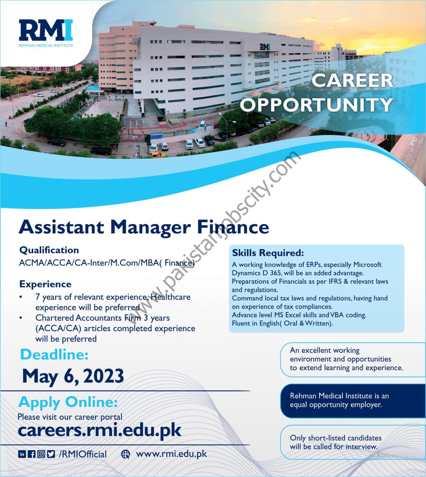 Rehman Medical Institute RMI Jobs Assistant Manager Finance