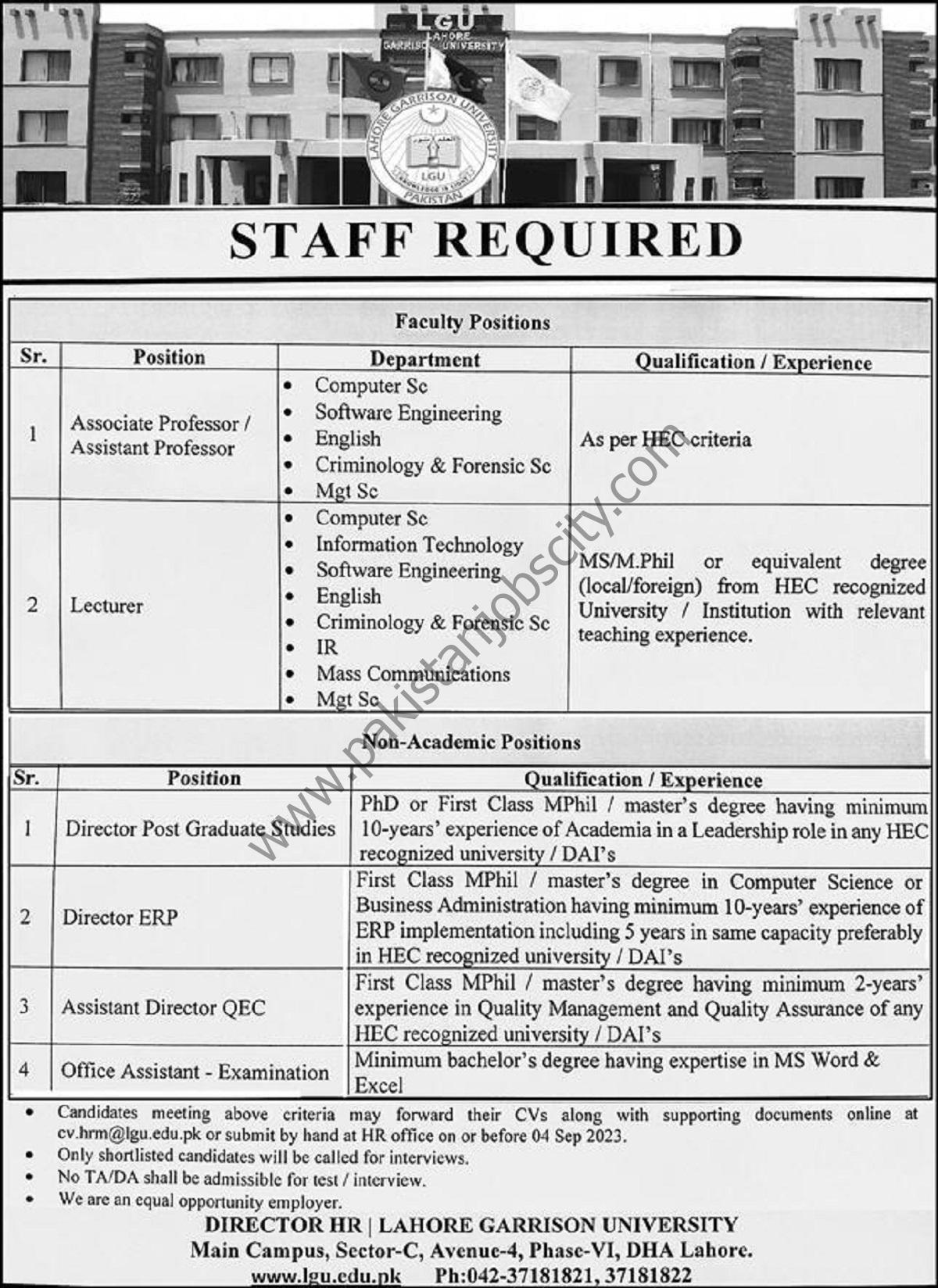 Lahore Garrison University LGU Jobs August 2023
