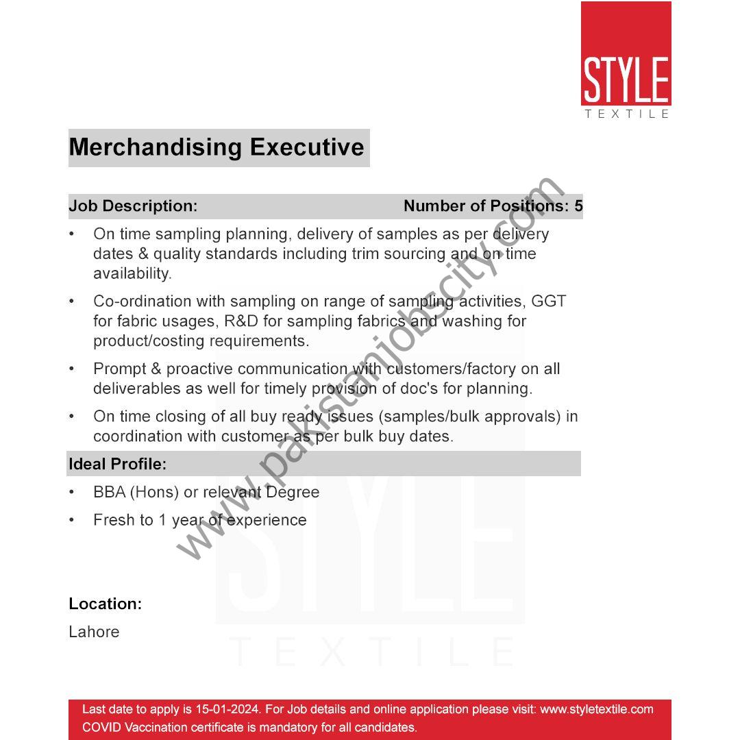 Style Textile Pvt Ltd Jobs Merchandising Executive