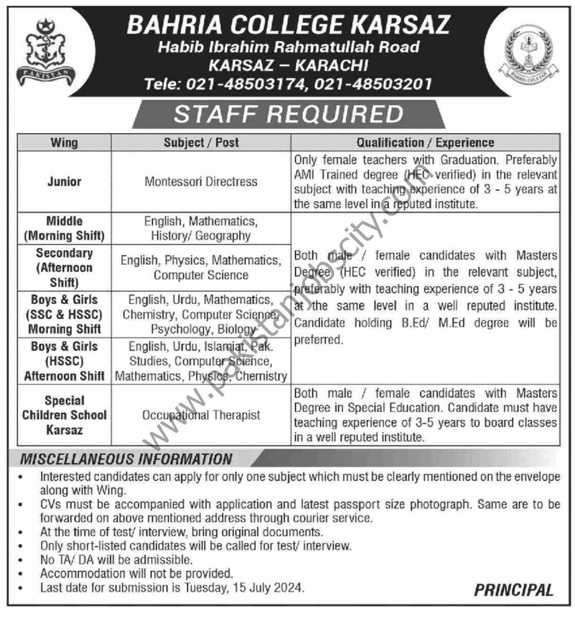 Bahria College Karsaz Jobs 30 June 2024 Dawn 1