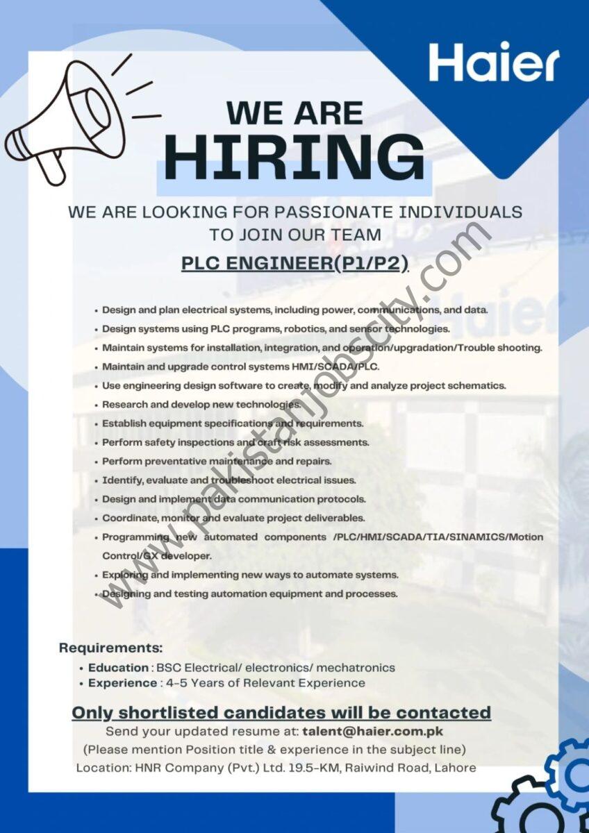 Haier Pakistan Jobs PLC Engineer (P1/P2) 1