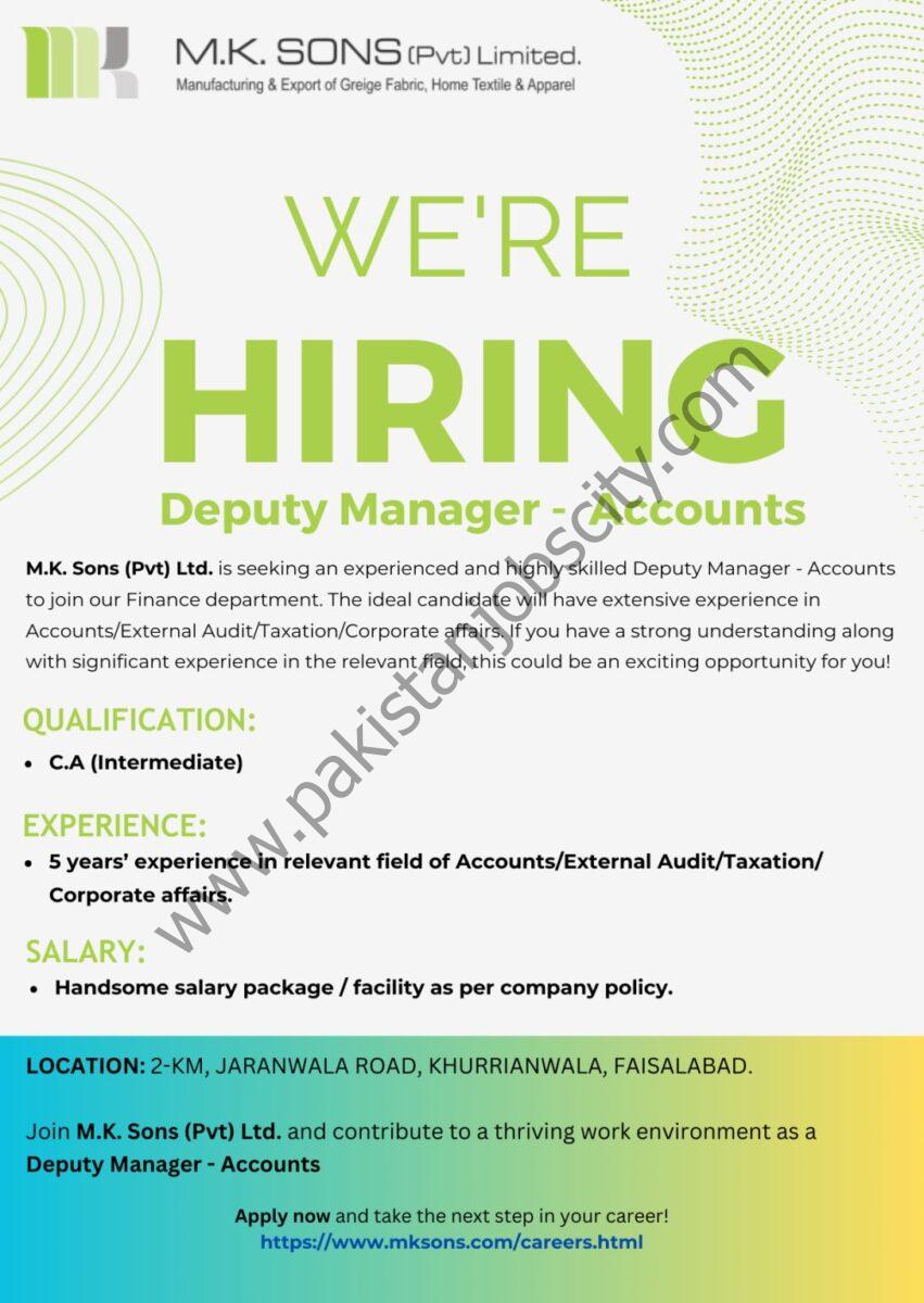 M.K Sons (Pvt) Ltd Jobs Deputy Manager  Accounts 1