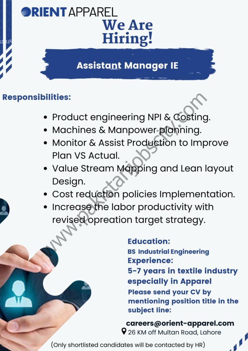 Orient Apparel Pvt Ltd Jobs Assistant Manager IE 1