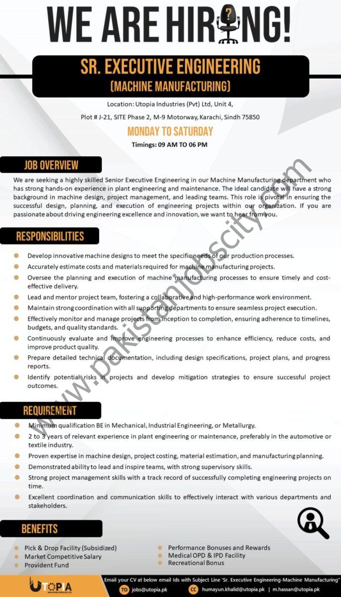 Utopia Industries Pvt Ltd Jobs Sr Executive Engineering (Machine Manufacturing) 1