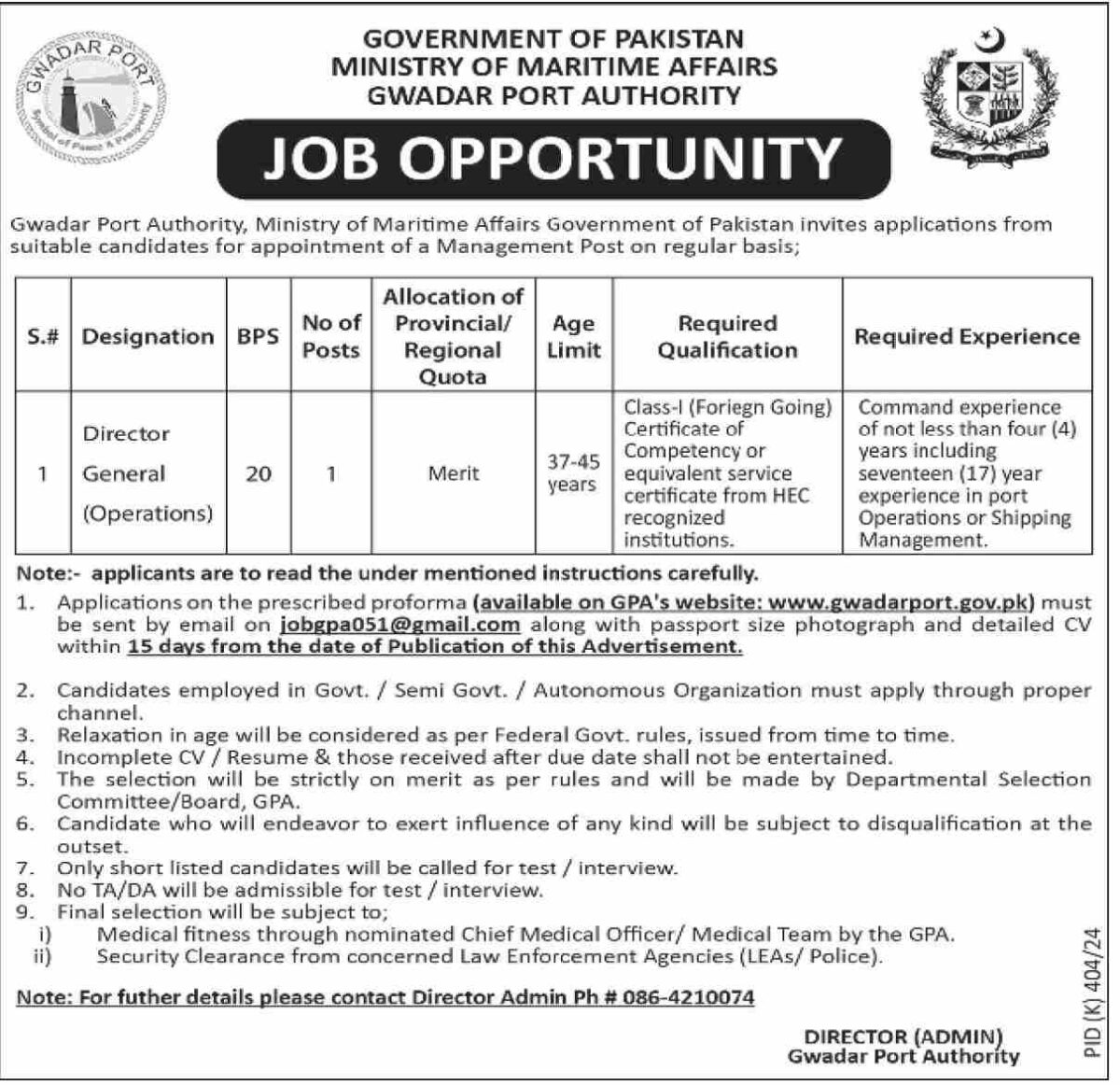 Gwadar Port Authority Ministry of Maritime Affairs Jobs Director General (Operations) 1