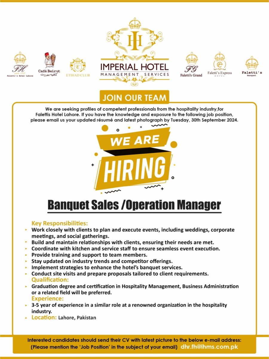 Imperial Hotel Management Services Jobs Banquet Sales / Operation Manager  1