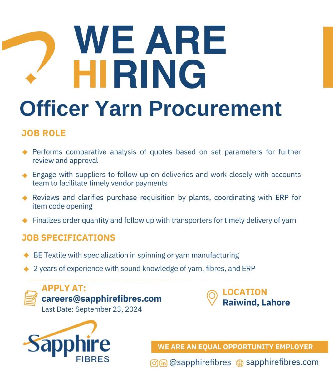 Sapphire Fibres Limited Jobs Officer Yarn Procurement 1