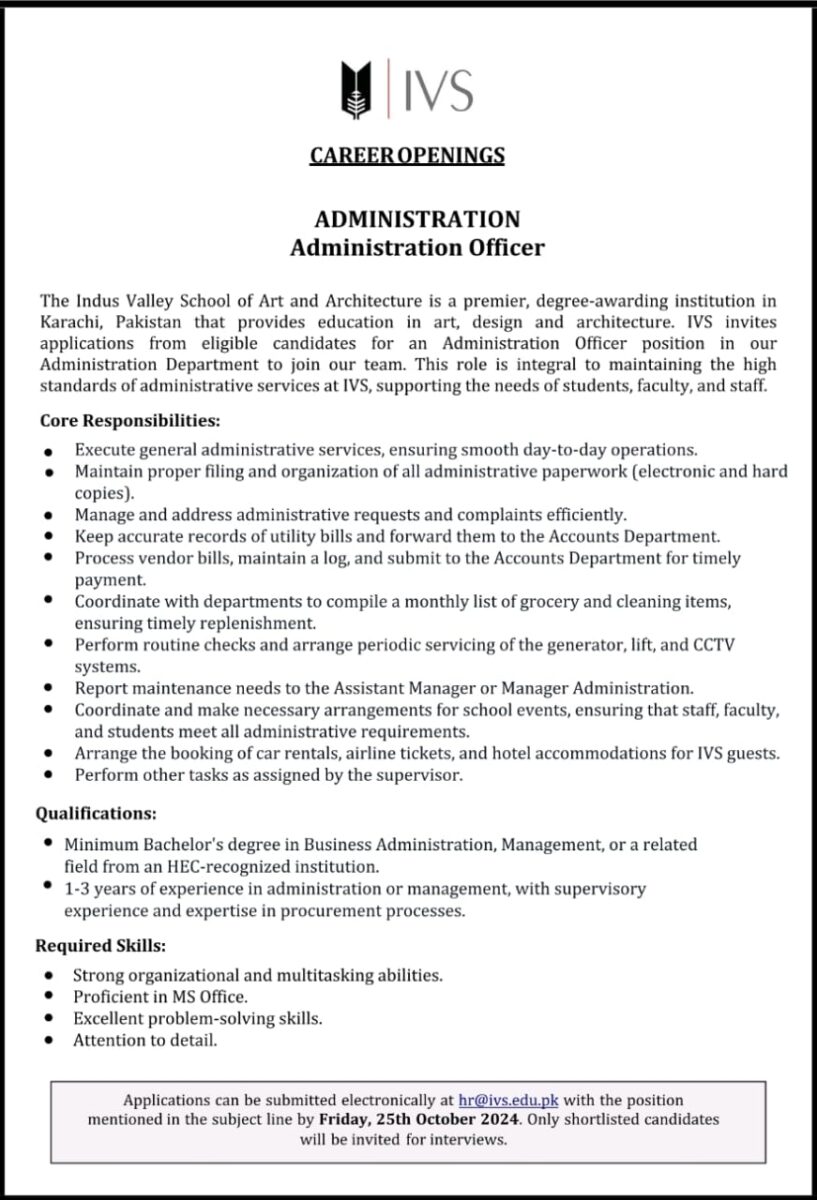 The Indus Valley School of Art and Architecture Jobs Administration Officer 1