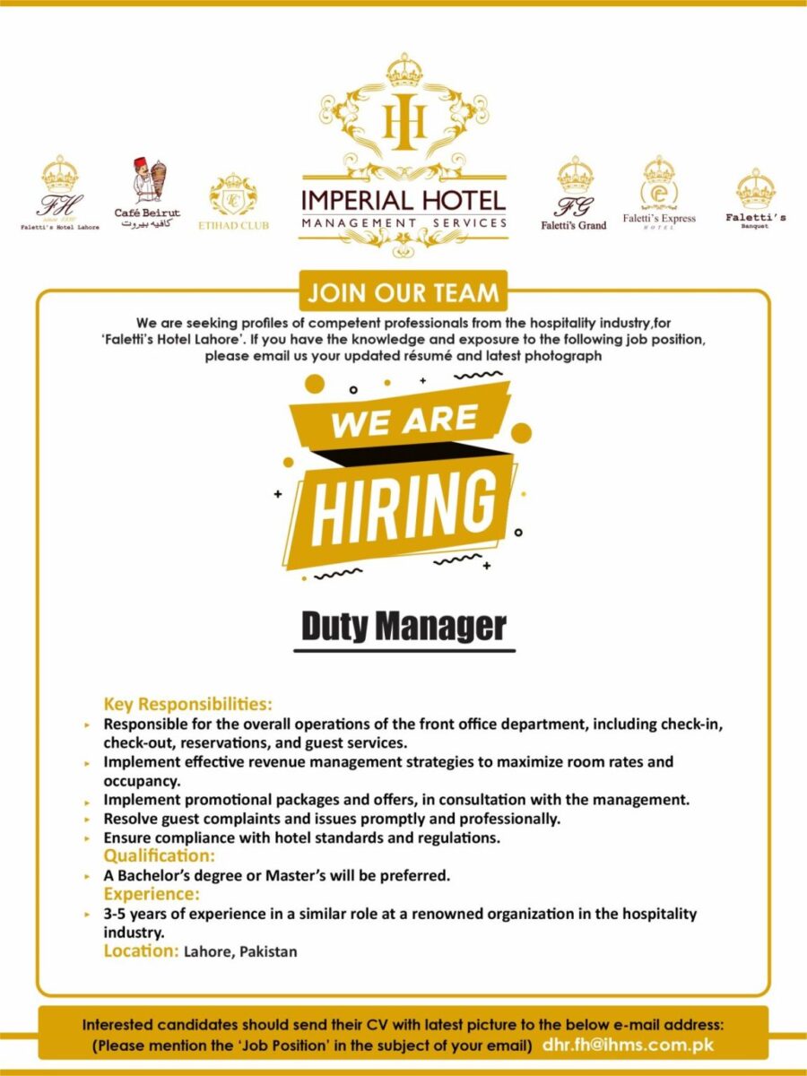 Imperial Hotel Management Services Jobs Duty Manager 1