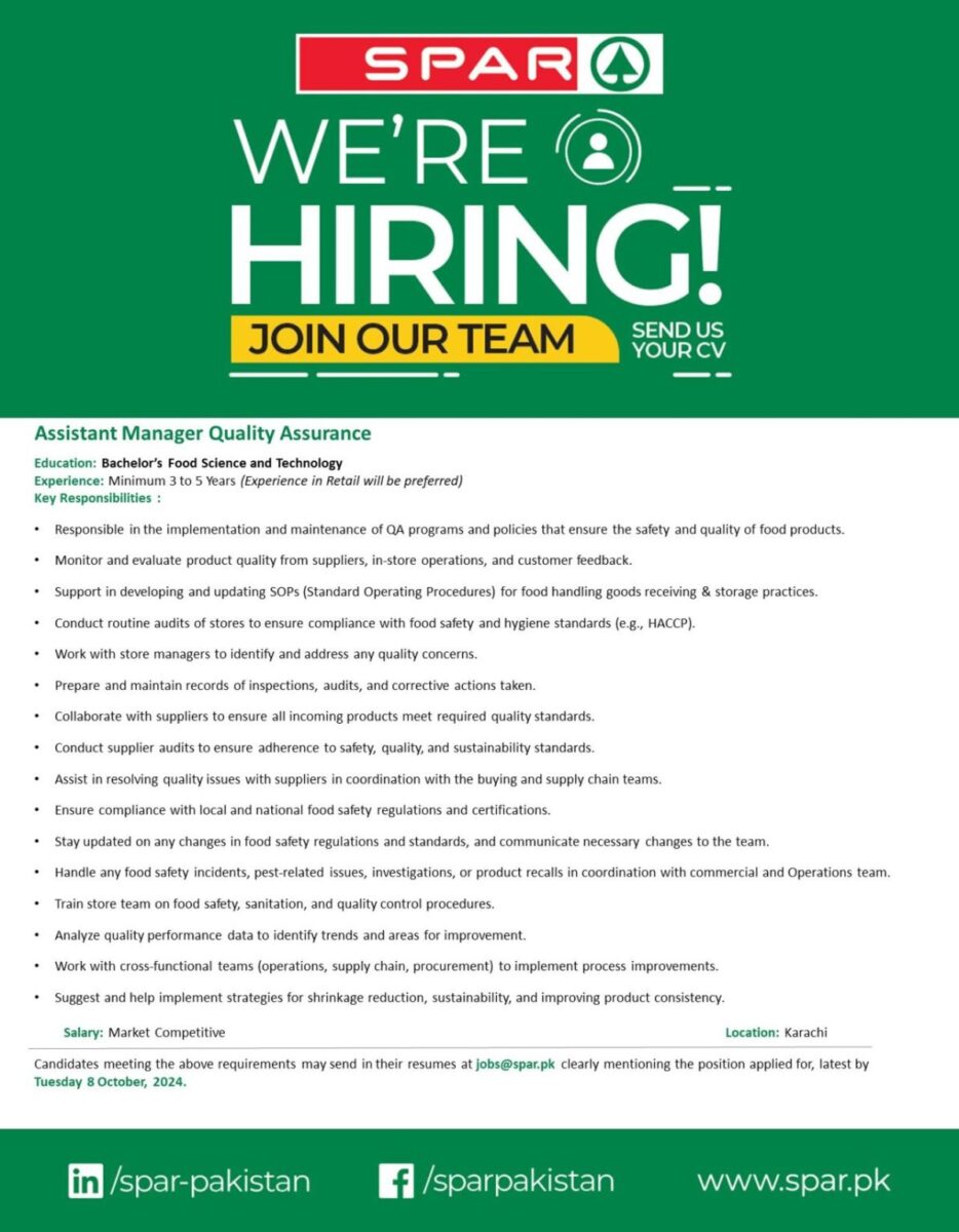 SPAR Pakistan Jobs Assistant Manager Quality Assurance 1