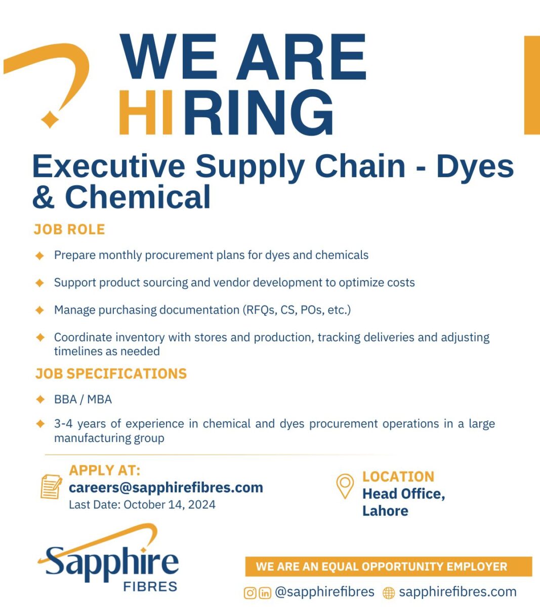 Sapphire Fibres Limited Jobs Executive Supply Chain Dyes & Chemical 1