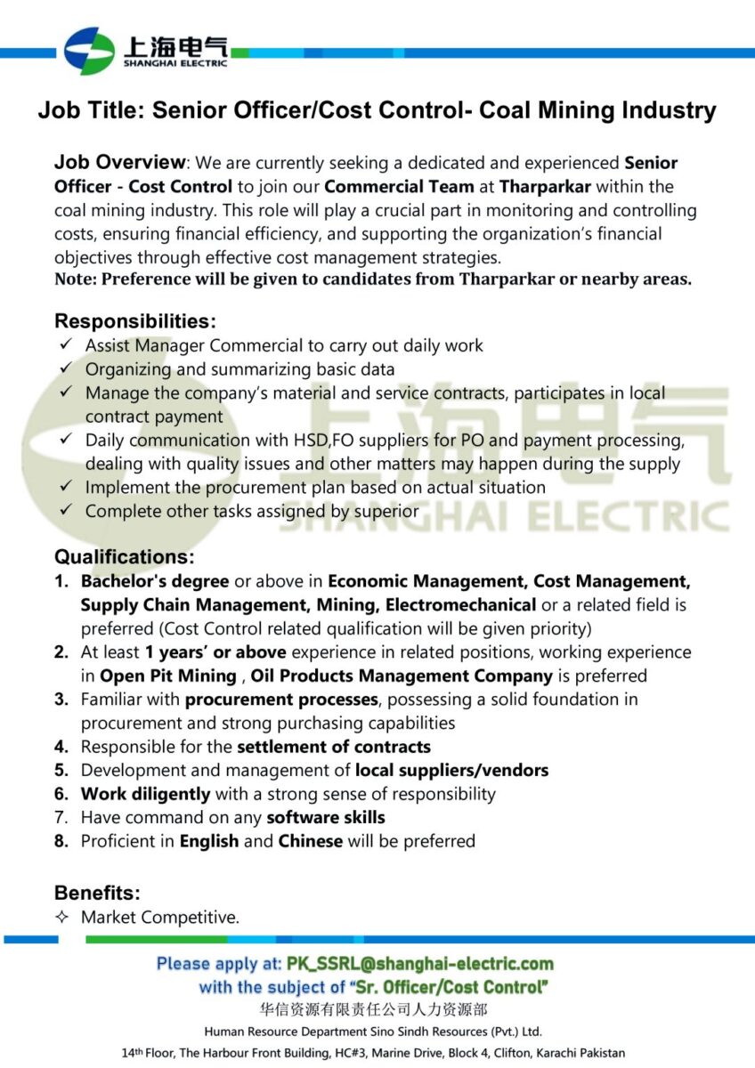 Shanghai Electric Jobs Senior Officer/Cost Control Coal Mining Industry 1