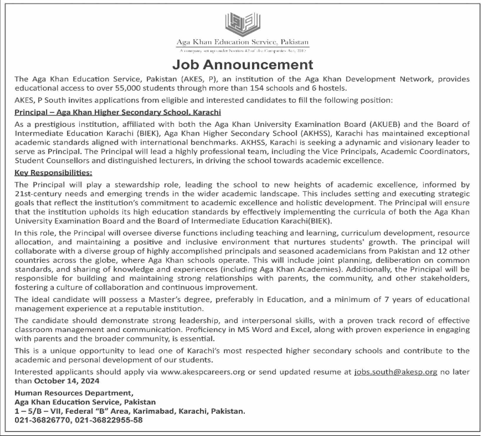 The Aga Khan Education Service AKES Jobs Principal