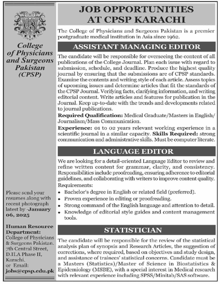 College Of Physicians & Surgeons Jobs 22 December 2024 Dawn 1