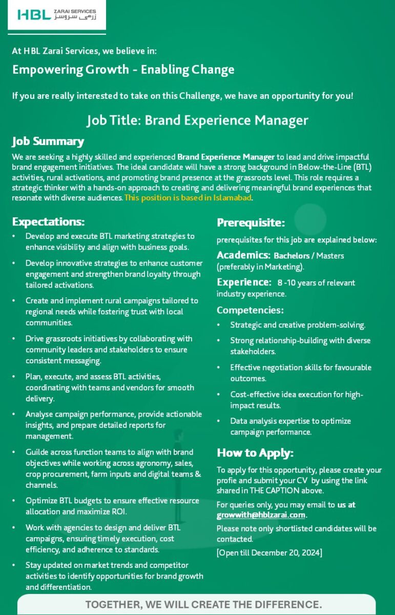 HBL Zarai Services Limited Jobs Brand Experience Manager 1