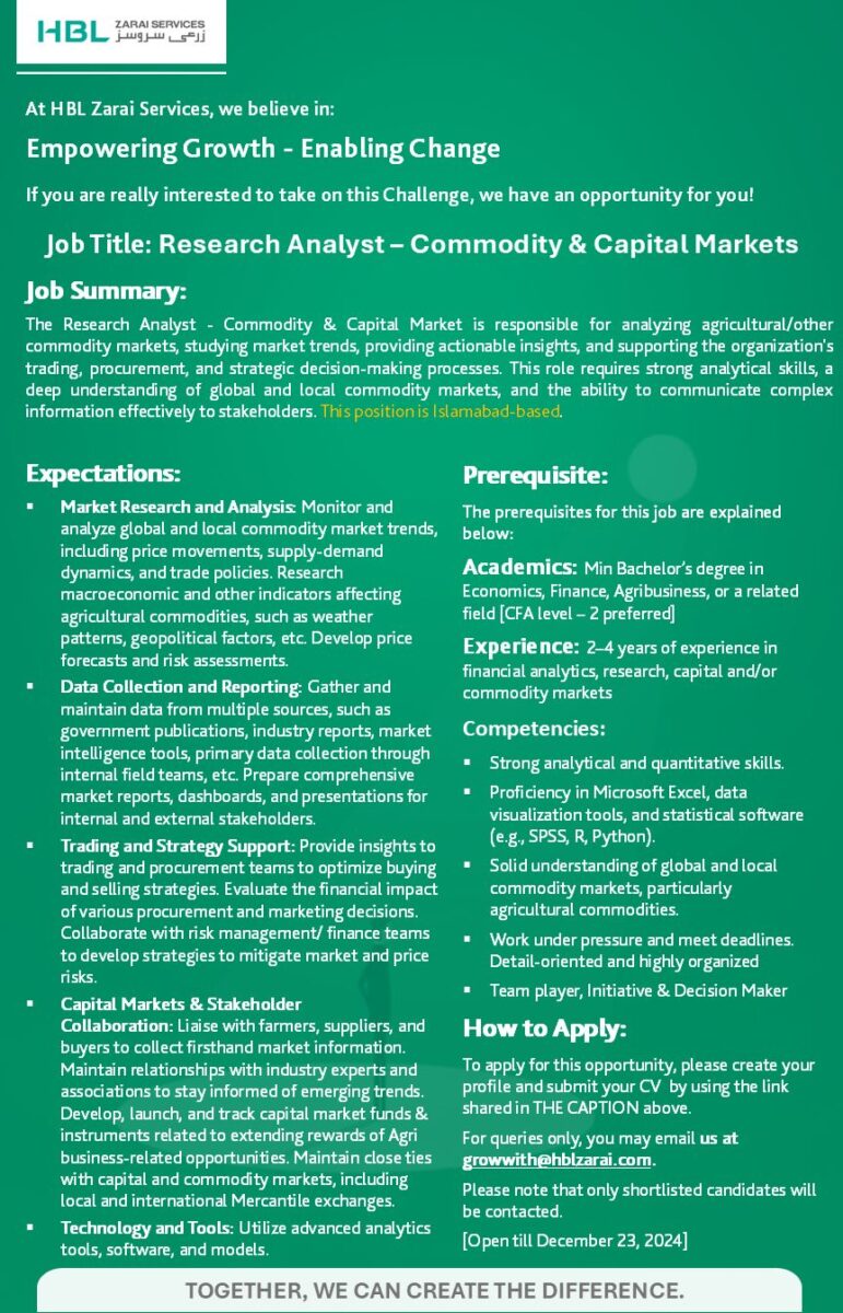 HBL Zarai Services Limited Jobs Research Analyst Commodity & Capital Markets 1