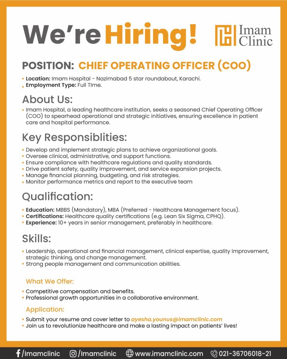 Imam Clinic Jobs Chief Operating Officer (COO) 1