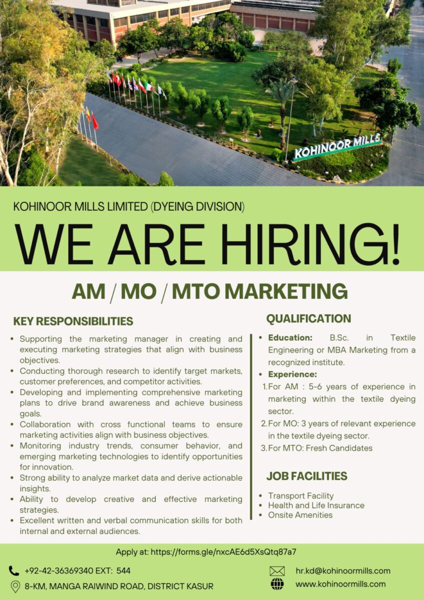 Kohinoor Textile Mills Limited Jobs AM / Officer / MTO Marketing 1