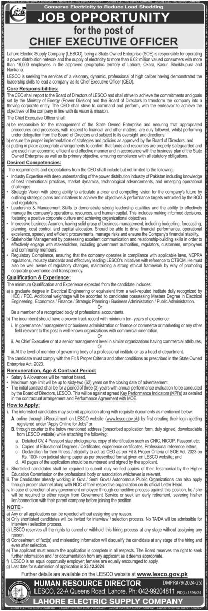 Lahore Electric Supply Co LESCO Jobs Chief Executive Officer 1