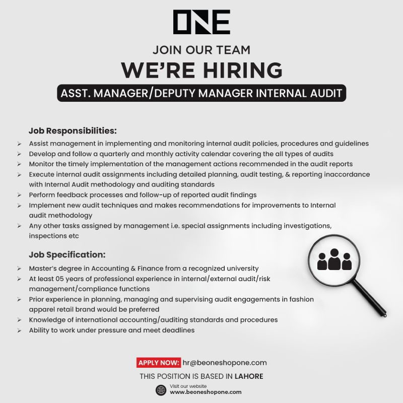 One Life Apparel Pvt Ltd Jobs Assistant Manager / Deputy Manager Internal Audit 1