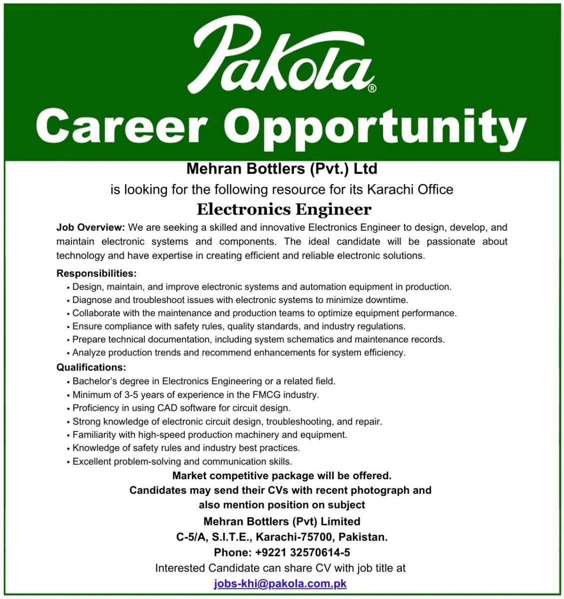 Mehran Bottlers (Pvt) Ltd Pakola Jobs Electronics Engineer 1