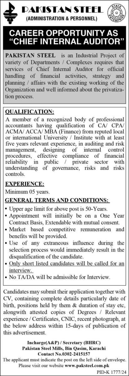 Pakistan Steel  Jobs Chief Internal Auditor   1