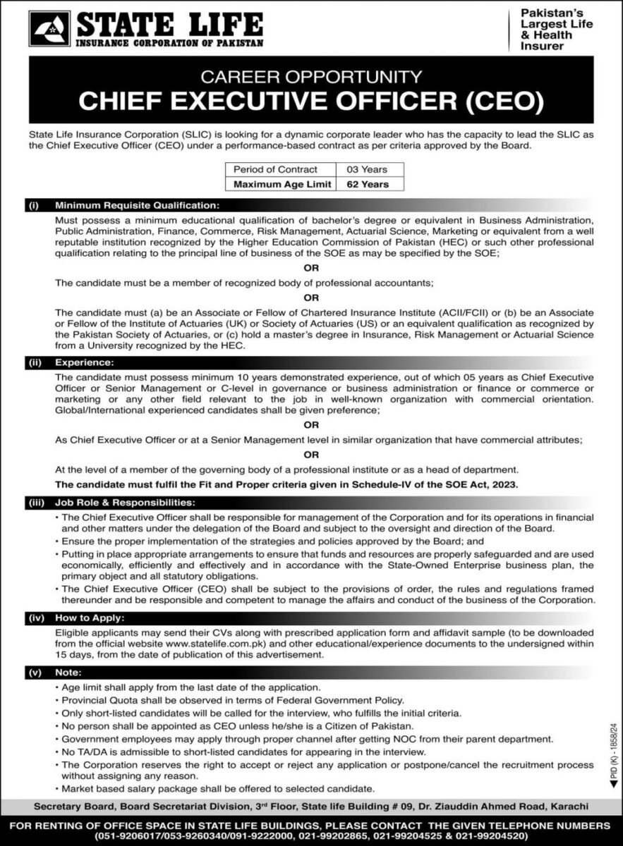 State Life Insurance Corp SLIC Jobs 15 Decemeber 2024 Express 1