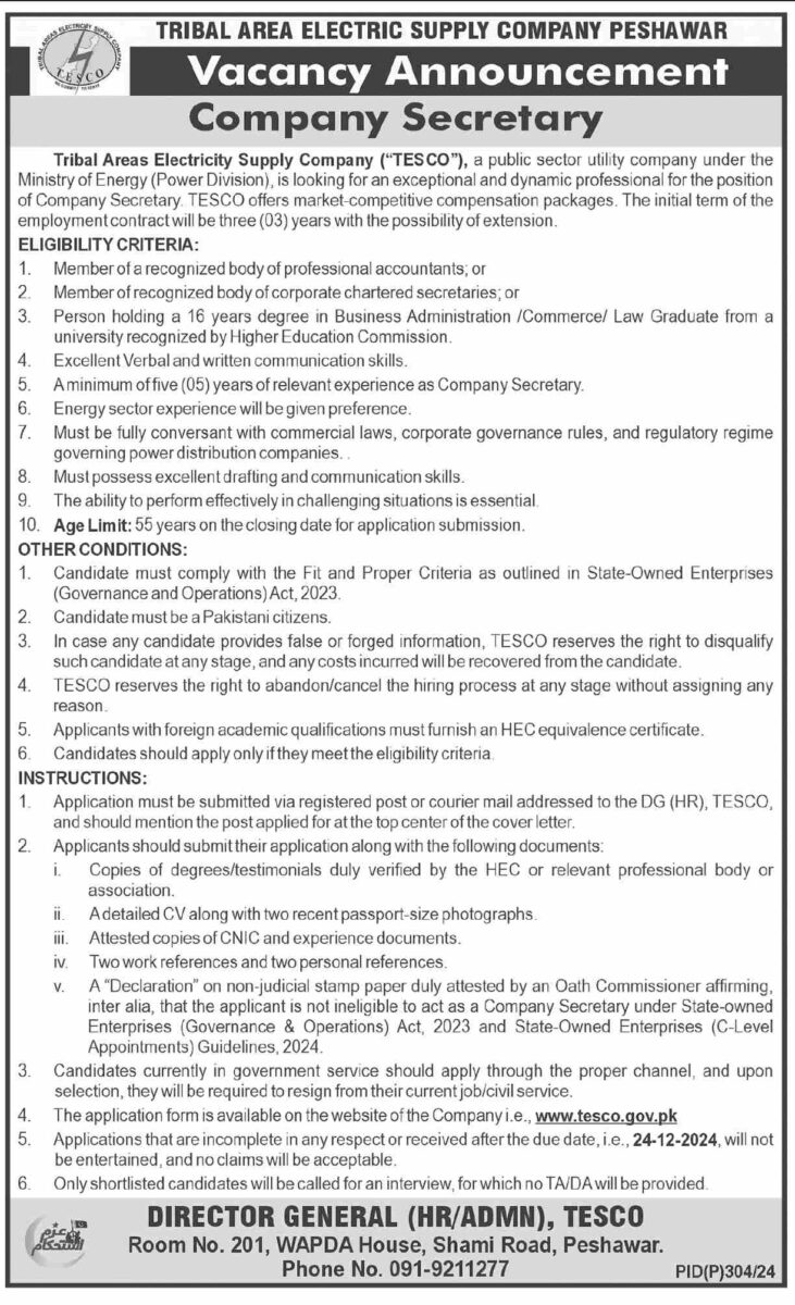 Tribal Area Electric Supply Co TESCO Jobs Company Secretary 1