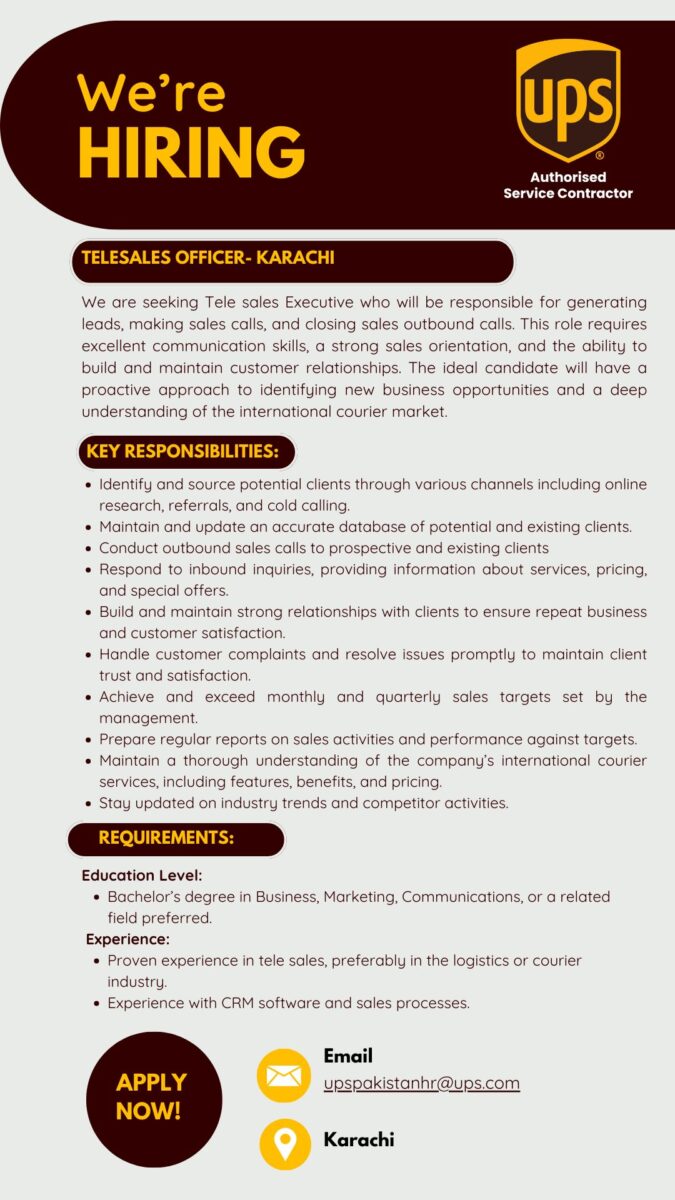 UPS Pakistan Jobs Telesales Officer 1