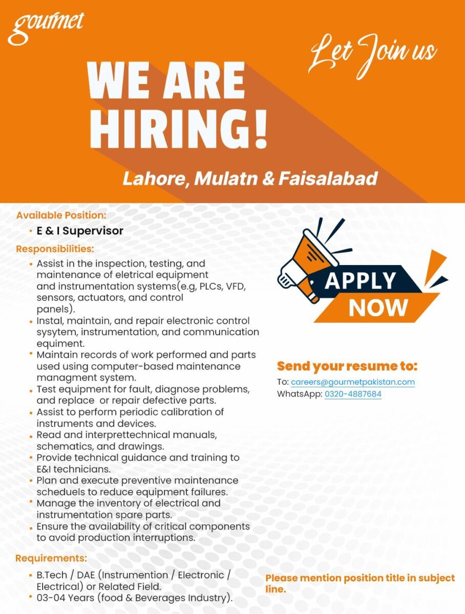 Gourmet Foods Pvt Ltd Jobs E&I Supervisor 1