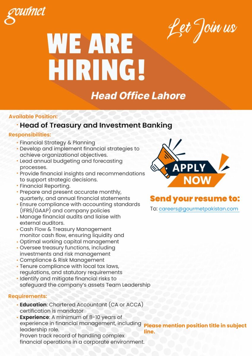 Gourmet Foods Pvt Ltd Jobs Head of Treasury and Investment Banking 1