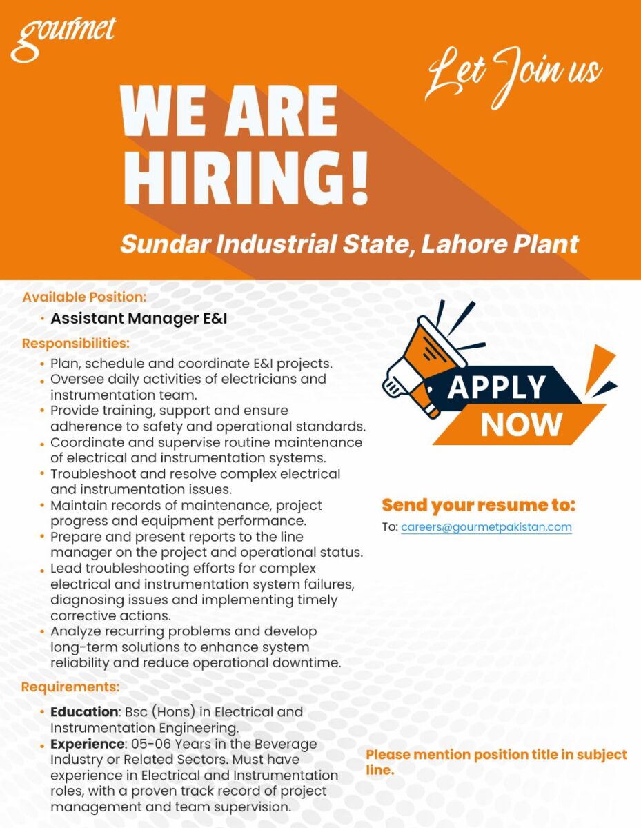 Gourmet Foods Pvt Ltd Jobs Assistant Manager E&I 1