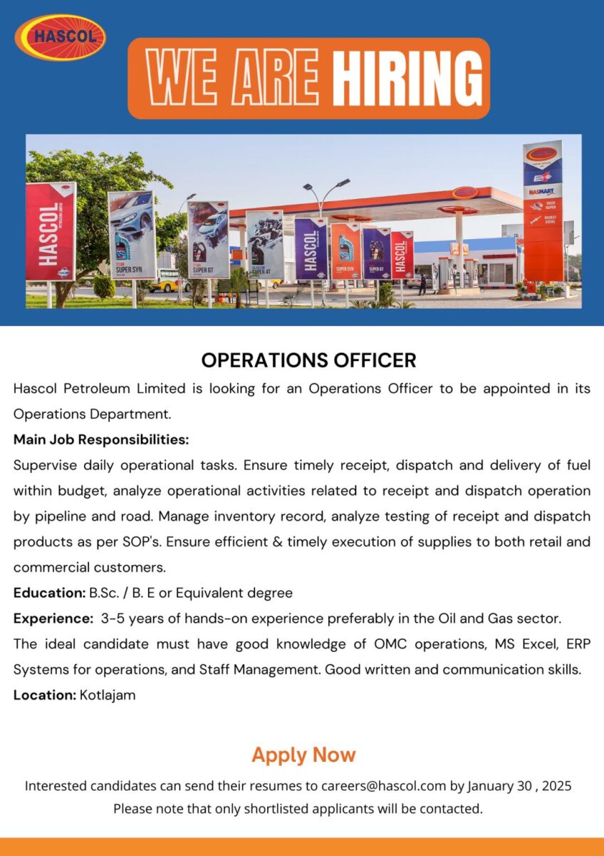 Hascol Petroleum Limited Jobs Operations Officer 1