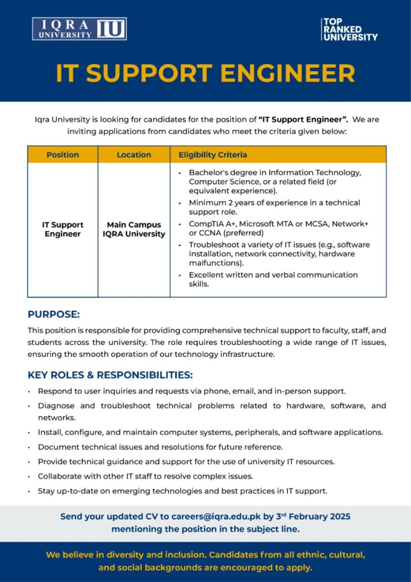 Iqra University Jobs IT Support Engineer 1