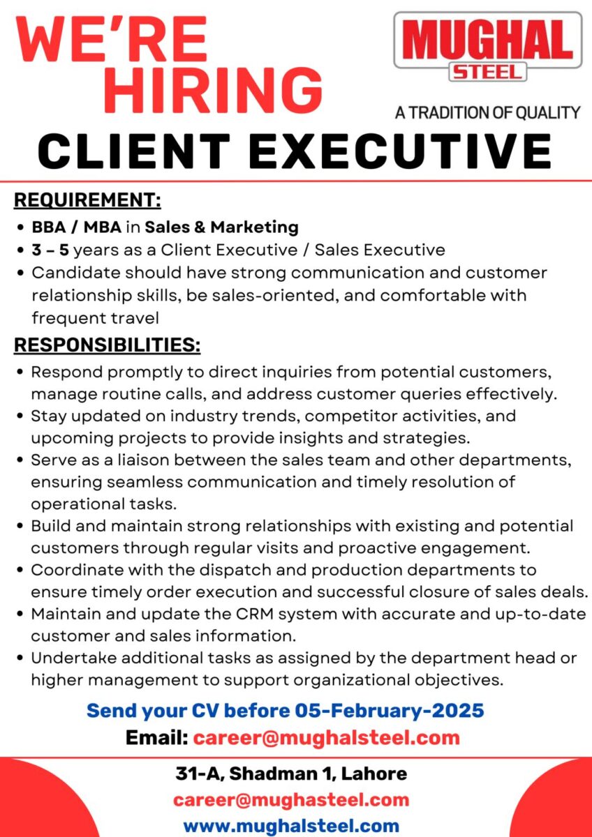 Mughal Steel Jobs Client Executive 1