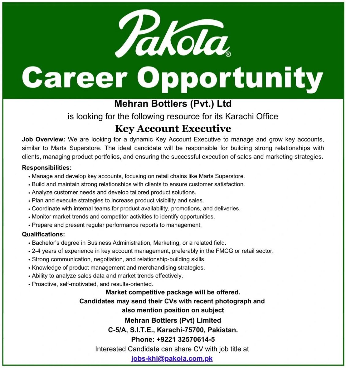 Pakola Mehran Bottlers Pvt Ltd Jobs January 2025 2