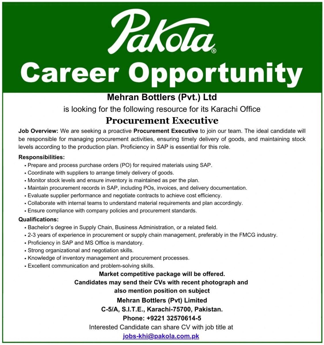 Pakola Mehran Bottlers Pvt Ltd Jobs January 2025 1