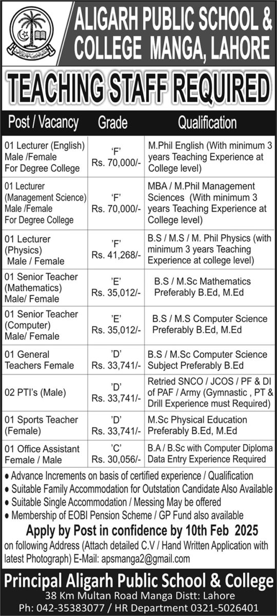 Aligarh Public School & College Manga Jobs 02 February 2025 Nawaiwaqt 1