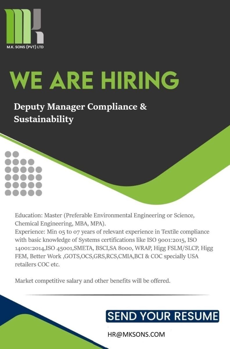 M.K. SONS (PVT) LTD Jobs Deputy Manager Compliance & Sustainability 2