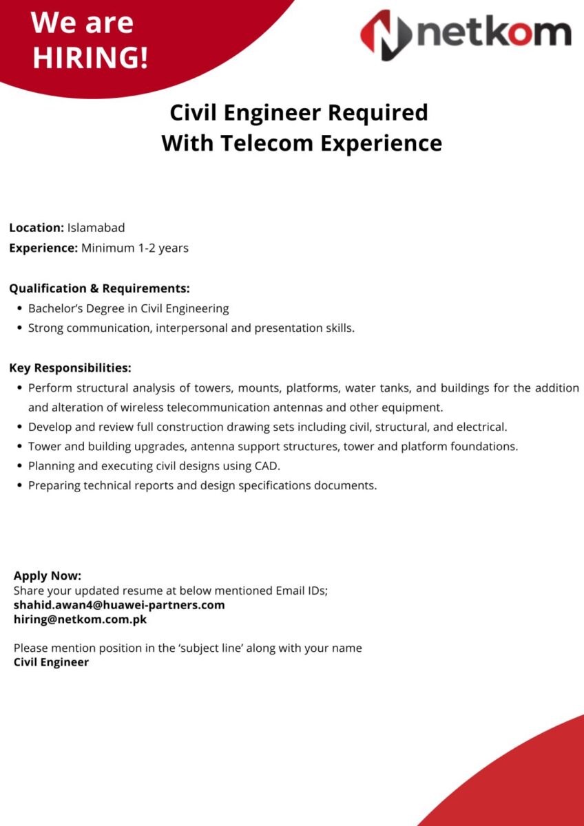 Netkom Technologies (Pvt) Ltd Jobs Civil Engineer 1