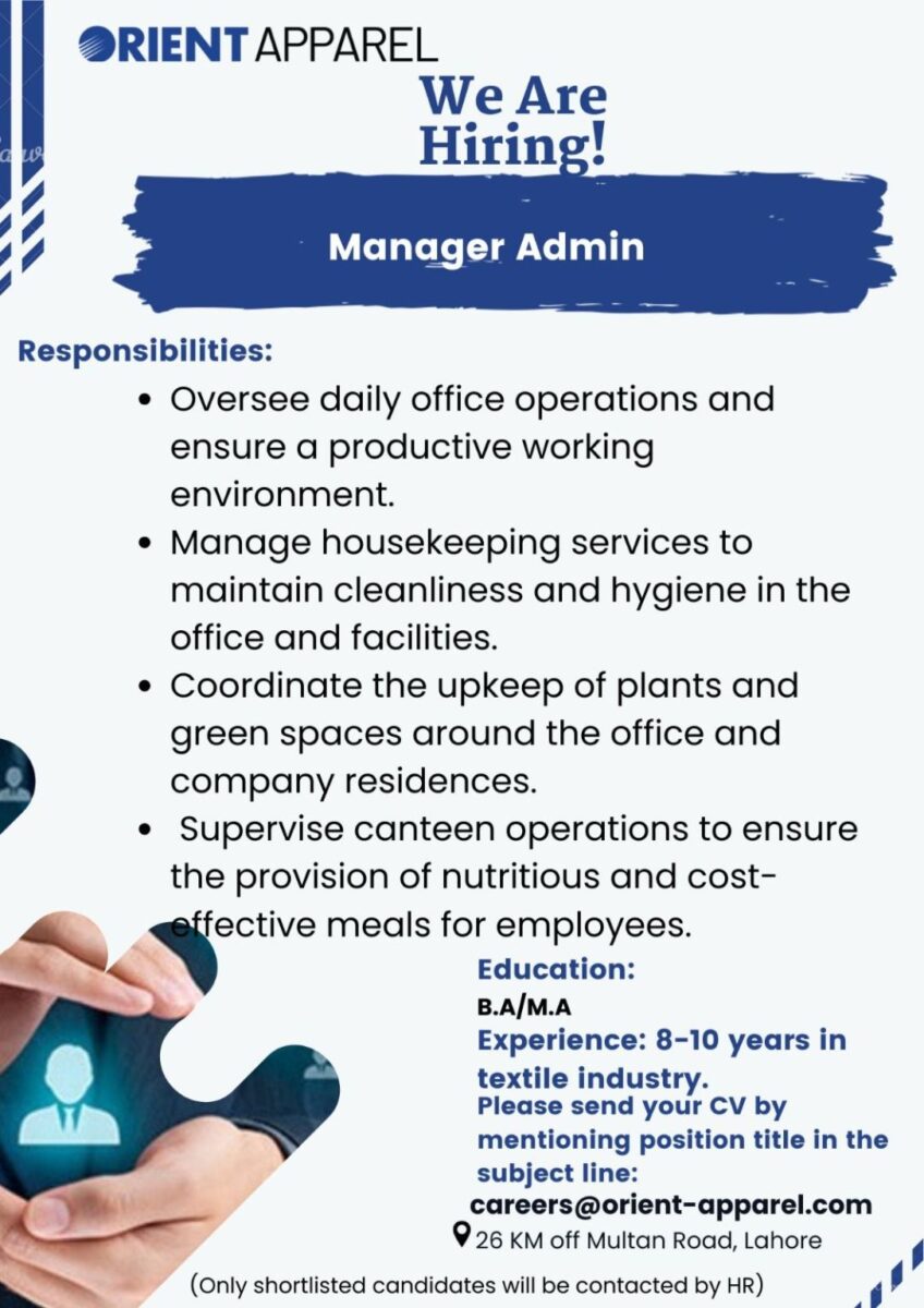 Orient Apparel Pvt Ltd Jobs Manager Admin 1