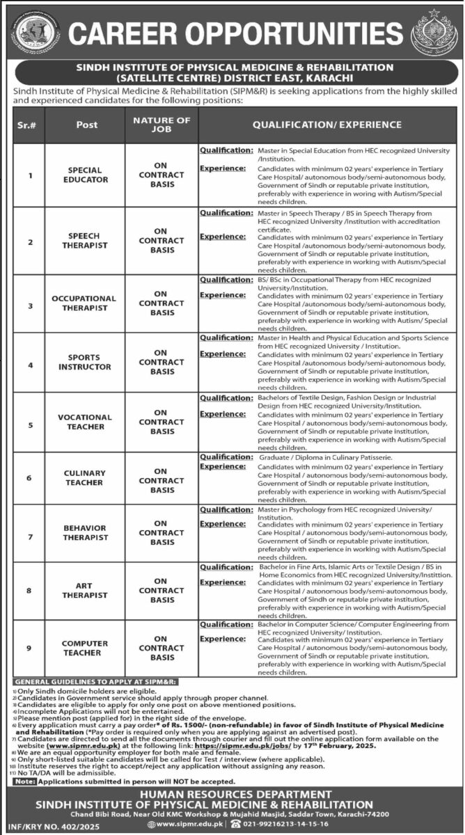 Sindh Institute of Physical Medicine & Regabilitation Jobs 02 Debruary 2025 Dawn 1