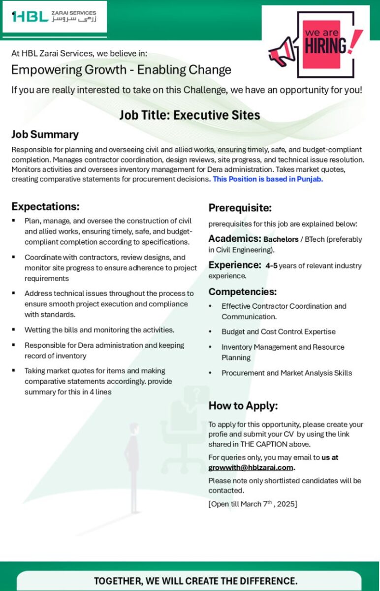 HBL Zarai Services Limited Jobs Executive Site  1